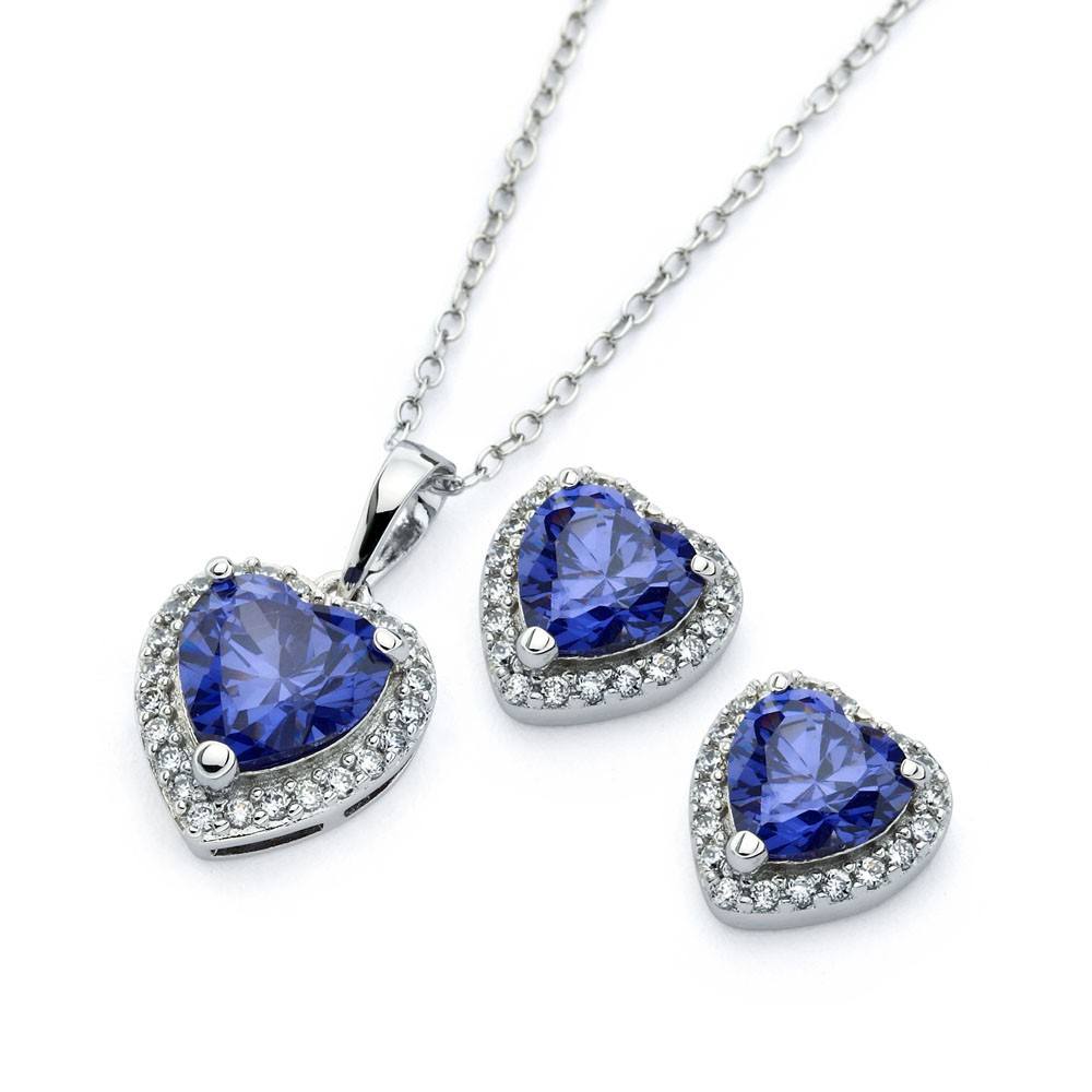 Sterling Silver Rhodium Plated Clear Cluster Blue Heart CZ Stud Earring and Necklace Set