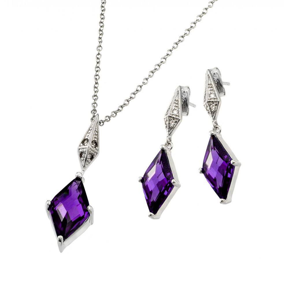 Sterling Silver Rhodium Plated Clear Inlay Purple Diamond Shaped CZ Dangling Stud Earring and Dangling Necklace Set