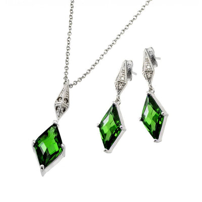 Sterling Silver Rhodium Plated Clear Inlay Green Diamond Shaped CZ Dangling Stud Earring and Dangling Necklace Set