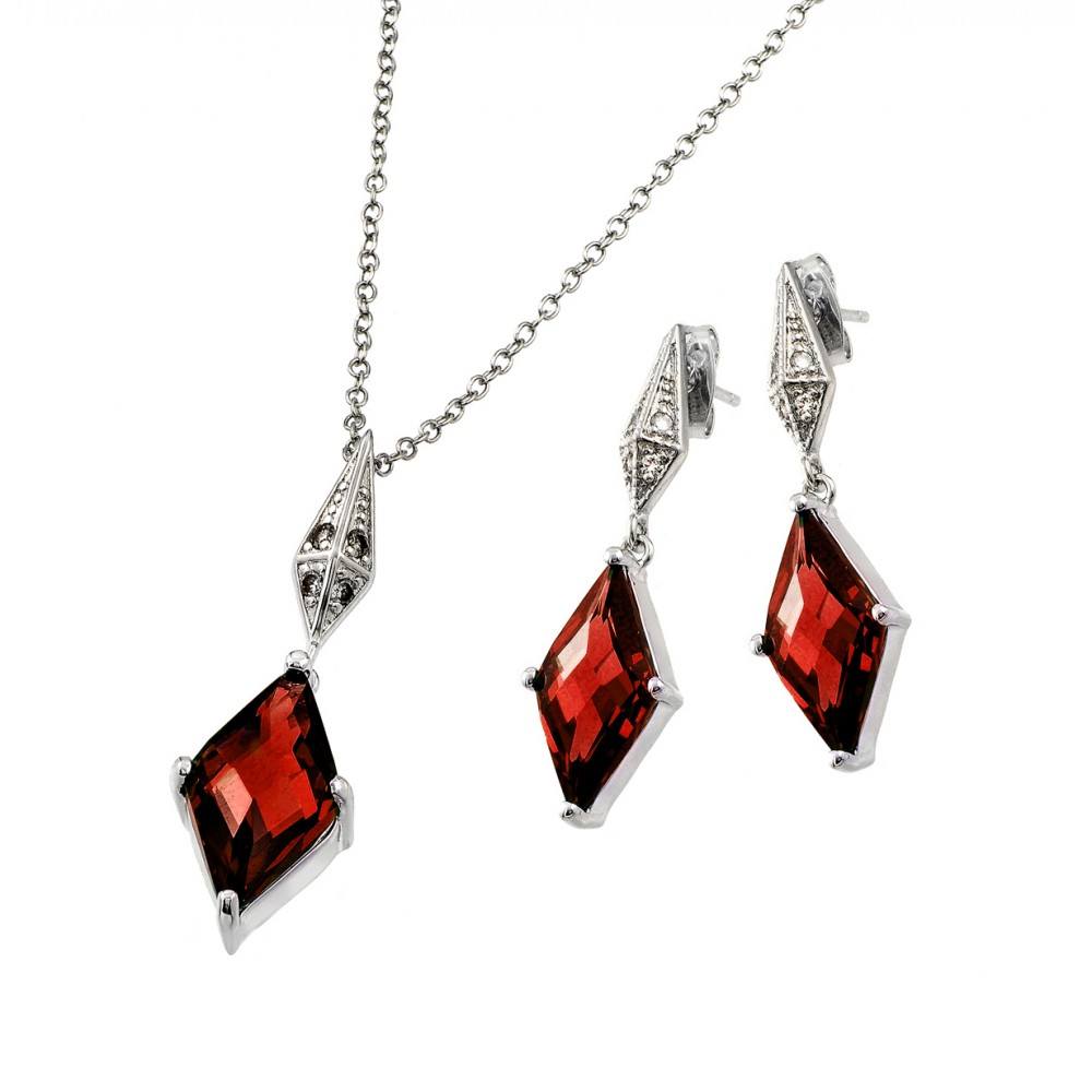 Sterling Silver Rhodium Plated Clear Inlay Red Diamond Shaped CZ Dangling Stud Earring and Dangling Necklace Set