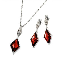 Load image into Gallery viewer, Sterling Silver Rhodium Plated Clear Inlay Red Diamond Shaped CZ Dangling Stud Earring and Dangling Necklace Set