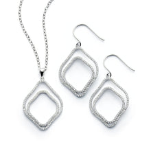 Load image into Gallery viewer, Sterling Silver Rhodium Plated Clear Double Diamond Shaped Outline CZ Hook Earring and Necklace Set