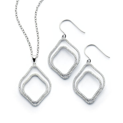 Sterling Silver Rhodium Plated Clear Double Diamond Shaped Outline CZ Hook Earring and Necklace Set