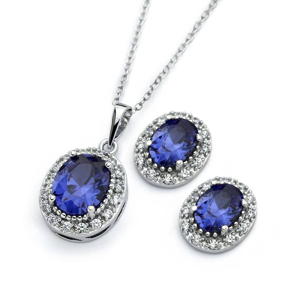 Sterling Silver Rhodium Plated Clear Cluster Blue Oval CZ Stud Earring and Necklace Set