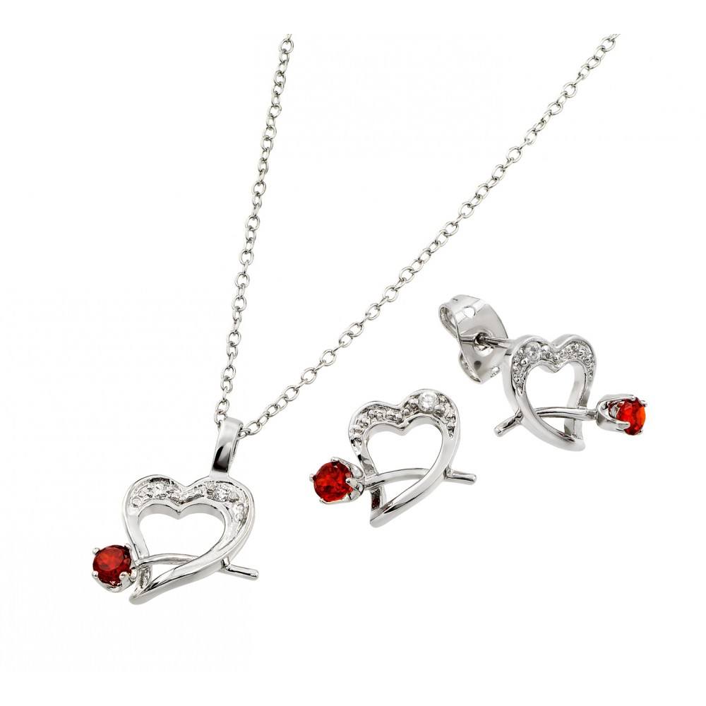 Sterling Silver Rhodium Plated Clear Heart Red Rose CZ Stud Earring and Necklace Set