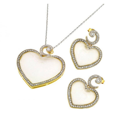 Sterling Silver Rhodium and Gold Plated Clear Micro Inlay Heart CZ Stud Earring and Necklace Set
