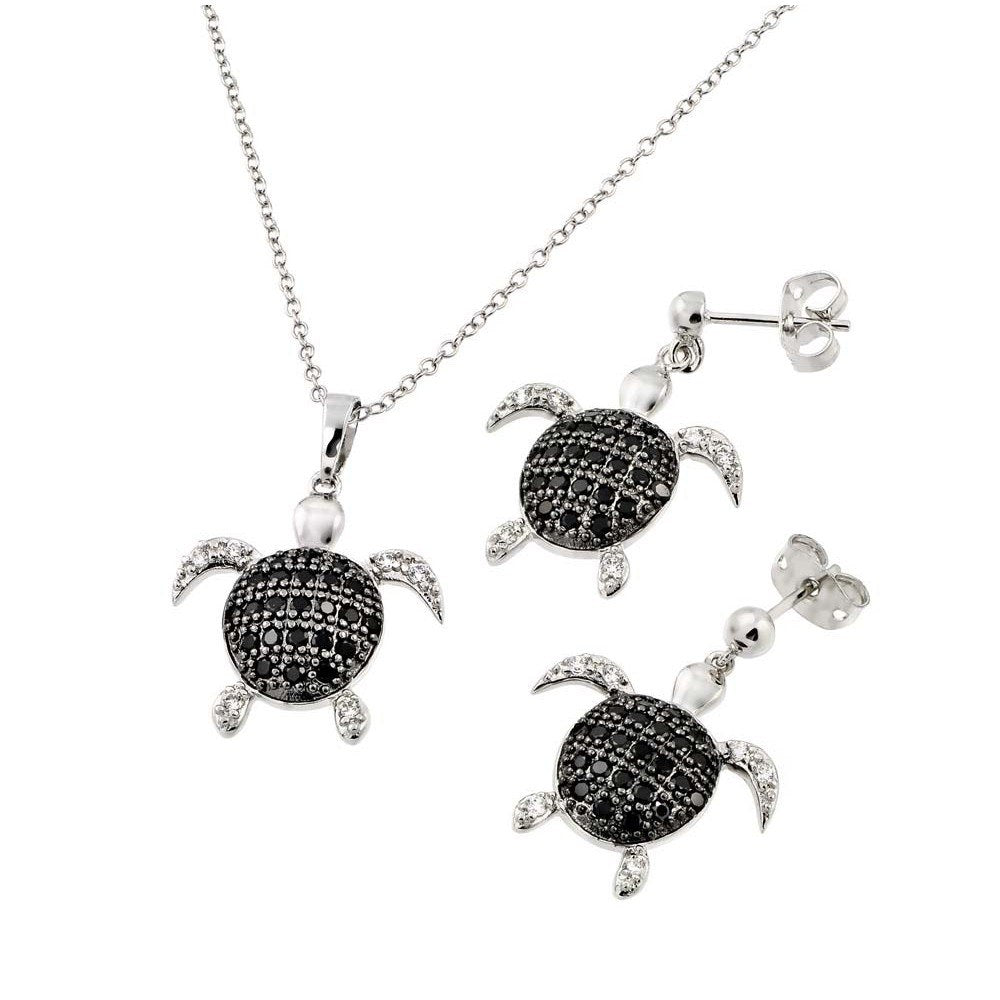 Sterling Silver Rhodium and Black Rhodium Plated Black and Clear Turtle CZ Dangling Stud Earring and Necklace Set