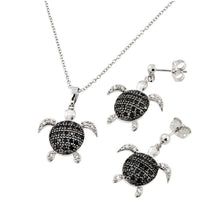 Load image into Gallery viewer, Sterling Silver Rhodium and Black Rhodium Plated Black and Clear Turtle CZ Dangling Stud Earring and Necklace Set