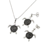 Sterling Silver Rhodium and Black Rhodium Plated Black and Clear Turtle CZ Dangling Stud Earring and Necklace Set