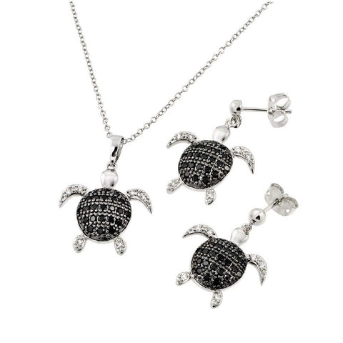 Sterling Silver Rhodium and Black Rhodium Plated Black and Clear Turtle CZ Dangling Stud Earring and Necklace Set