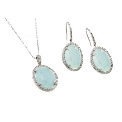 Sterling Silver Rhodium Plated Clear Cluster Light Blue Oval CZ Hook Earring and Necklace Set