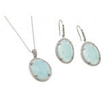 Sterling Silver Rhodium Plated Clear Cluster Light Blue Oval CZ Hook Earring and Necklace Set