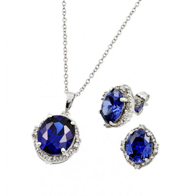 Sterling Silver Rhodium Plated Blue Round Clear Cluster CZ Stud Earring and Necklace Set