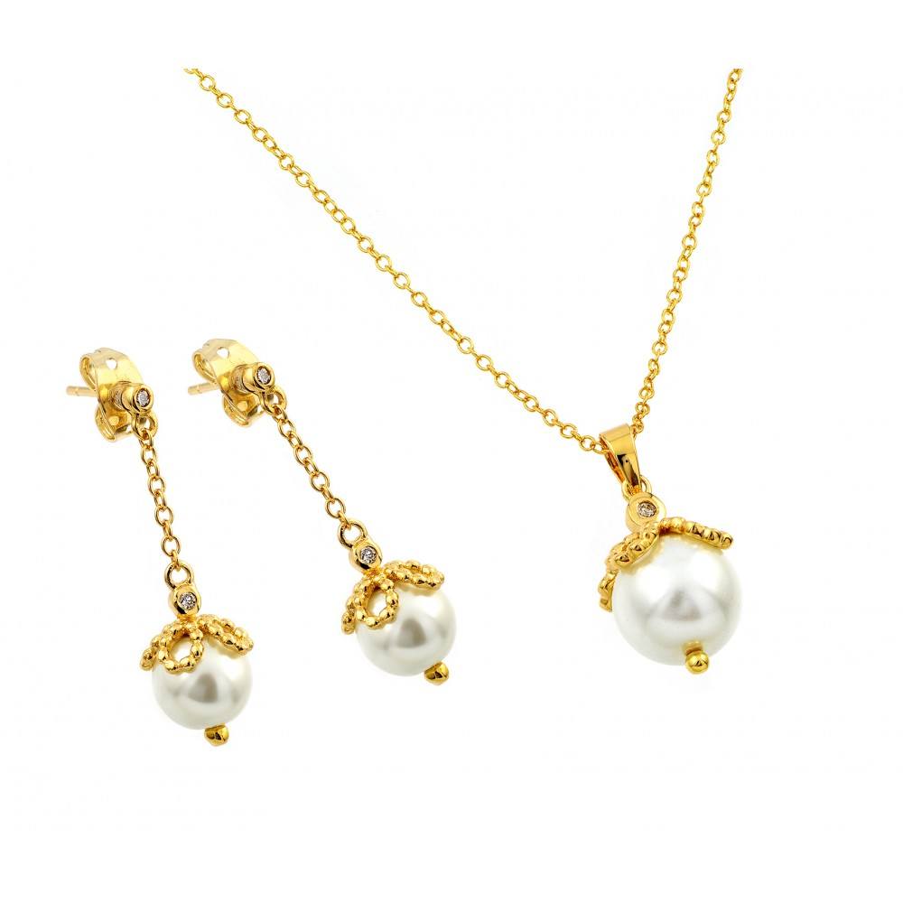 Sterling Silver Gold Plated Pearl Drop Clear CZ Dangling Stud Earring and Necklace Set