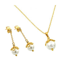 Load image into Gallery viewer, Sterling Silver Gold Plated Pearl Drop Clear CZ Dangling Stud Earring and Necklace Set