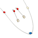 Sterling Silver Rhodium Plated TurquoiseCoralWhite Abalone Shell Dangling Stud Earring and Necklace Set