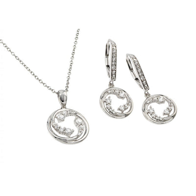 Sterling Silver Rhodium Plated Clear Open Circle Swirl CZ Leverback Earring and Necklace Set