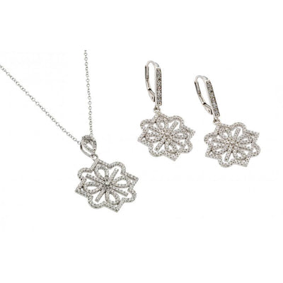 Sterling Silver Rhodium Plated Clear French Flower CZ Leverback Earring and Necklace Set