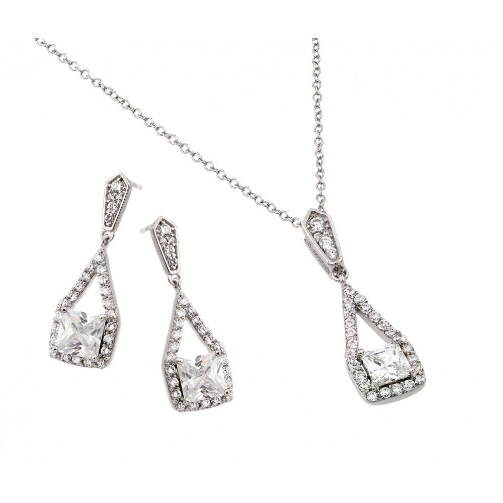 Sterling Silver Rhodium Plated Clear Square CZ Hanging Stud Earring and Hanging Necklace Set