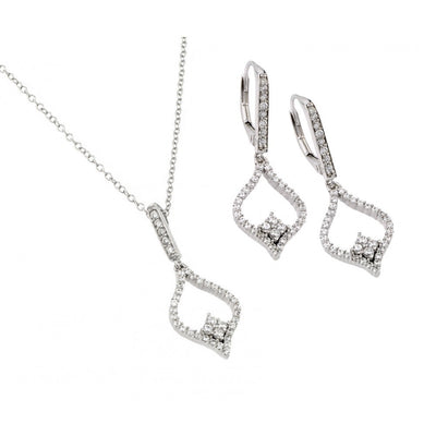 Sterling Silver Rhodium Plated Clear Open Marquise CZ Leverback Earring and Hanging Necklace Set