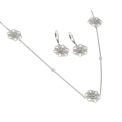 Sterling Silver Rhodium Plated Clear Flower Filigree CZ Leverback Earring and Necklace Set