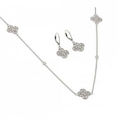 Sterling Silver Rhodium Plated Simple Clover CZ Leverback Earring And Necklace Set