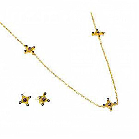 Sterling Silver Black Rhodium and Gold Plated Clear and Champagne 4 Point Diamond Shaped CZ Stud Earring and 18 Inch Chain Necklace Set