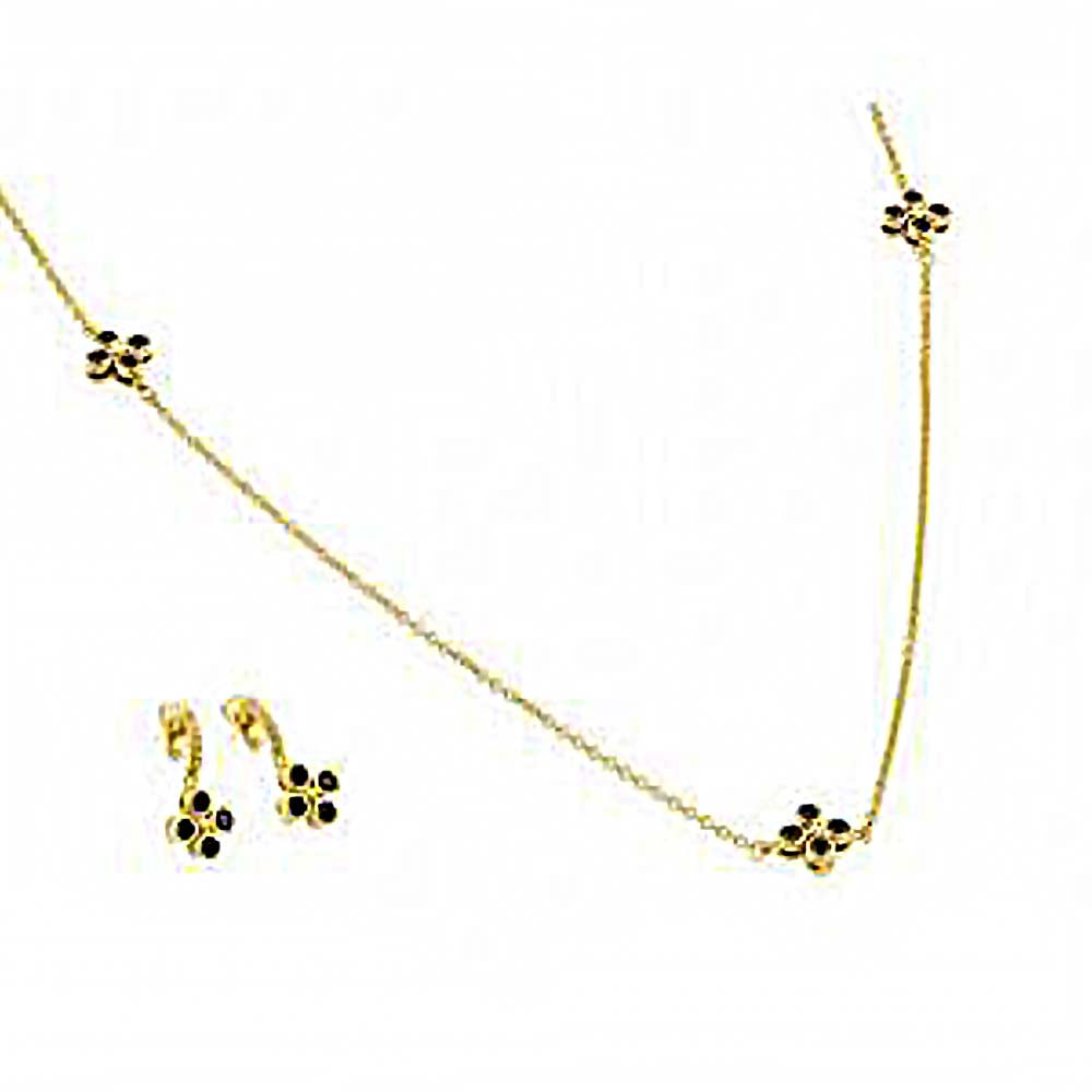 Sterling Silver Gold Plated Black CZ Dangling Stud Earring and 18 Inch Chain Necklace Set