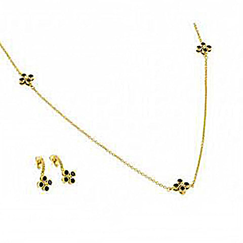 Sterling Silver Gold Plated Black CZ Dangling Stud Earring and 18 Inch Chain Necklace Set