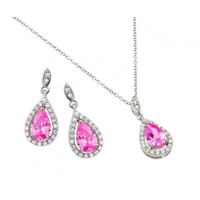 Sterling Silver Rhodium Plated Clear Cluster Pink Teardrop CZ Dangling Stud Earring and Dangling Necklace Set