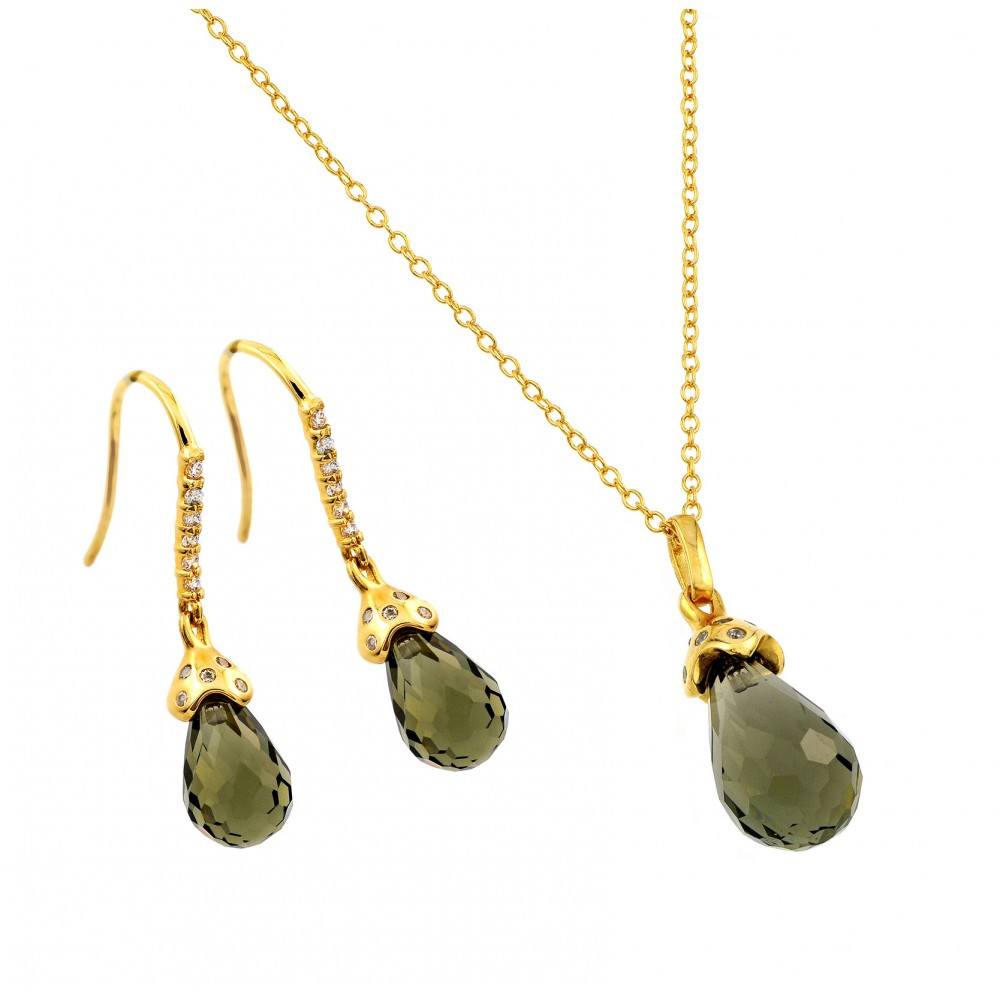 Sterling Silver Gold Plated Green Teardrop CZ Hook Earring and Necklace Se