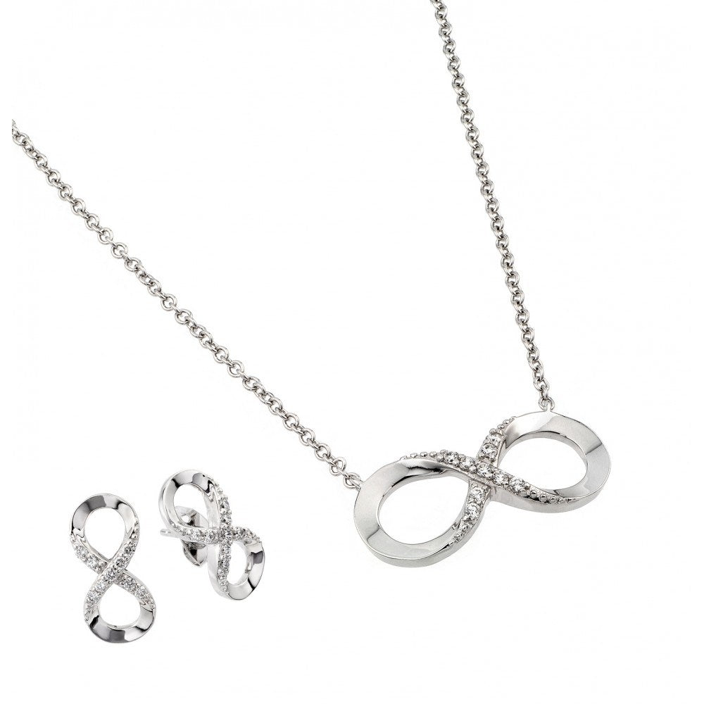 Sterling Silver Rhodium Plated Clear Inlay Infinity CZ Stud Earring and Necklace Set