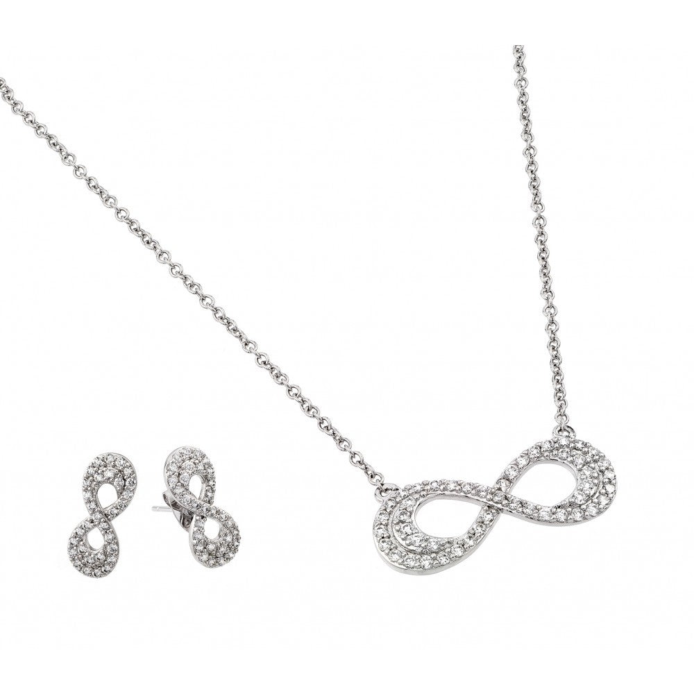 Sterling Silver Rhodium Plated Clear Inlay Double Line Infinity CZ Stud Earring and Necklace Set