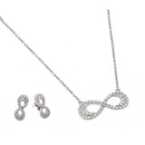 Sterling Silver Rhodium Plated Clear Inlay Double Line Infinity CZ Stud Earring and Necklace Set