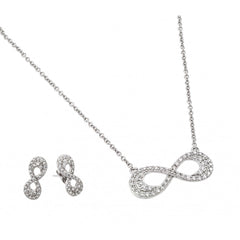 Sterling Silver Rhodium Plated Clear Inlay Double Line Infinity CZ Stud Earring and Necklace Set