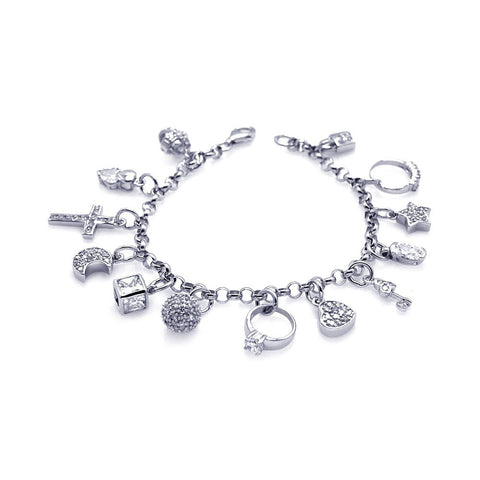 Sterling Silver Rhodium Plated Multiple Charm Bracelet