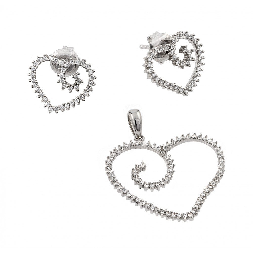 Sterling Silver Rhodium Plated Clear Open Heart CZ Stud Earring and Necklace Set
