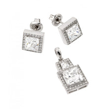 Load image into Gallery viewer, Sterling Silver Rhodium Plated Clear Square Micro Pave CZ Stud Earring and Dangling Necklace Set gms00004RH