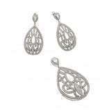 Sterling Silver Rhodium Plated Clear Filigree Micro Pave CZ Dangling Stud Earring and Necklace Set