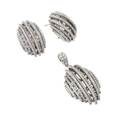 Sterling Silver Rhodium Plated Clear Puffed Button CZ Stud Earring and Dangling Necklace Set