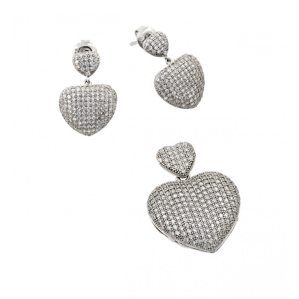 Sterling Silver Rhodium Plated Clear Micro Pave Heart CZ Dangling Stud Earring and Dangling Necklace Set