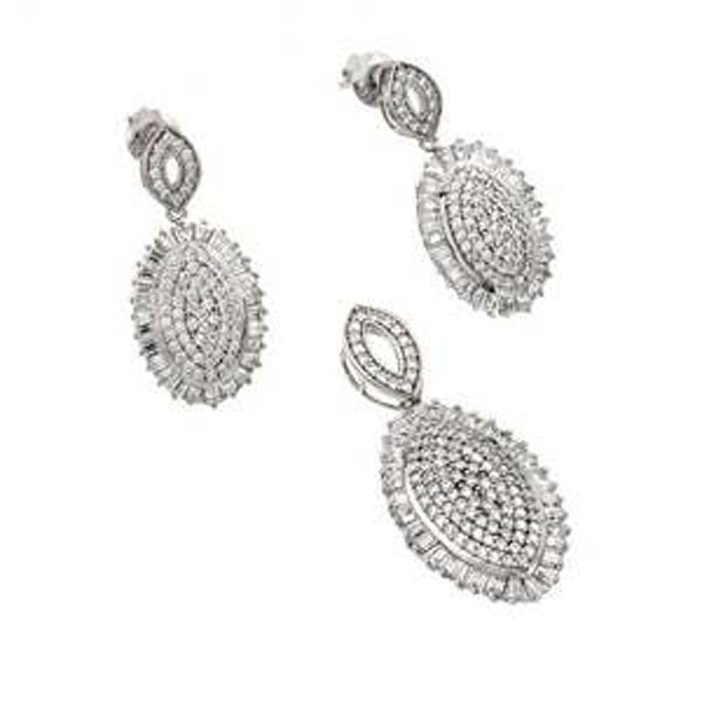 Sterling Silver Rhodium Plated Clear Micro Pave Oval CZ Dangling Stud Earring and Dangling Necklace Set
