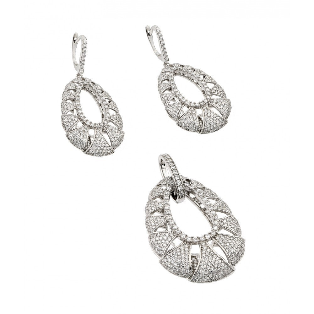 Sterling Silver Rhodium Plated Clear Micro Pave Open Puff Teardrop CZ Dangling Stud Earring and Dangling Necklace Set