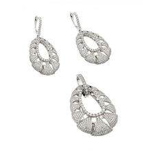 Load image into Gallery viewer, Sterling Silver Rhodium Plated Clear Micro Pave Open Puff Teardrop CZ Dangling Stud Earring and Dangling Necklace Set