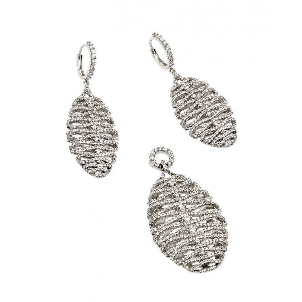 Sterling Silver Rhodium Plated Clear Micro Pave Skeletal Oval CZ Dangling Stud Earring and Dangling Necklace Set