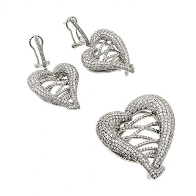 Sterling Silver Rhodium Plated Clear Micro Pave Open Heart CZ Dangling Stud Earring and Necklace Set