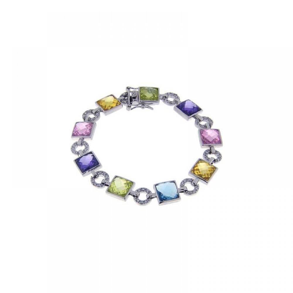 Sterling Silver Rhodium Plated Multi Color Square and Circle Bracelet
