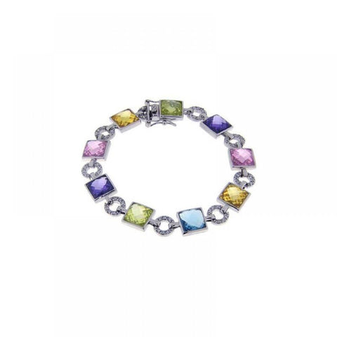 Sterling Silver Rhodium Plated Multi Color Square and Circle Bracelet