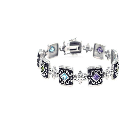 Sterling Silver Oxidized Rhodium Plated Multi Color CZ Antique Bracelet