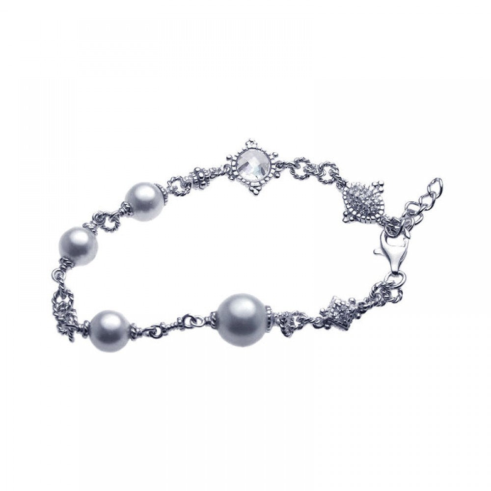 Sterling Silver Rhodium Plated Pearl Clear CZ Bracelets
